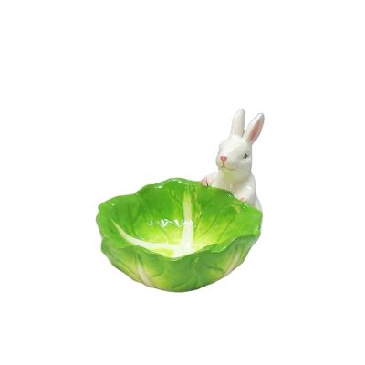 China Easter Viable Decor Factory BSCI Rabbit Cabbage Shape Ceramic Bowls Set for sale