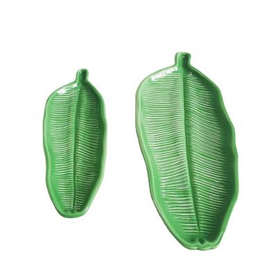 China High Quality Sustainable Banana Leaf Green Dish Ceramic Seafood Sushi White Serving Dish For Harvest Festival Party for sale