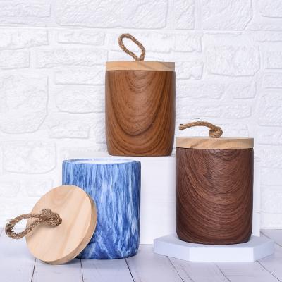 China Wholesale Home Wooden Empty Aroma Wooden Storage Jar Large Vintage Plant Decoration Concrete Candle Jar With Wood Lid for sale