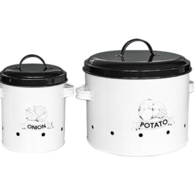 China Potato Onion And Garlic Sustainable Tin Food Storage Container Bin With Lid Kitchen Vegetable Set Of 3 for sale