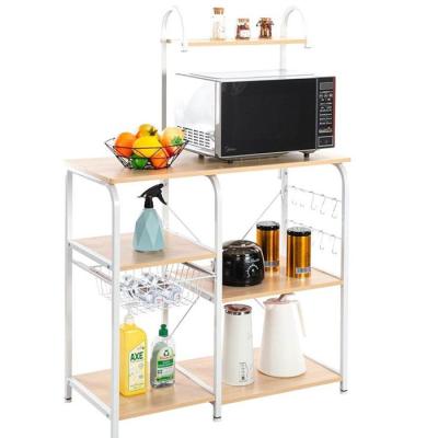 China Viable Kitchen Organizer Rack Shelves Adjustable Storage Shelf Microwave Stand Cart On Wheels With Side Baker Hooks Kitchen Rack for sale