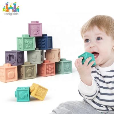 China Toy Konig Kids Amazon Hot Selling 3D Soft Silicone Rubber Teether Building Blocks Baby Educational Toys for sale