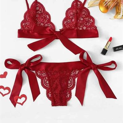 China Flirting QUICK DRY sexy lingerie bow set three point lace exotic transparent bra and panty set women suggest underwear for sale