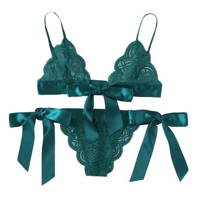 China Flirting QUICK DRY sexy lingerie bow set three point lace exotic transparent bra and panty set women suggest underwear for sale