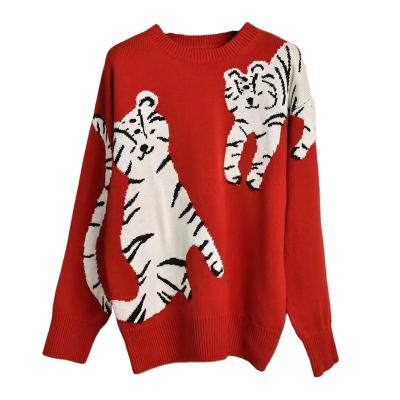 China Wholesale Version Breathable Star Christmas Sweater Net Red Women Loose Thin Casual Knit Embroidery Crewneck Cardigan Tiger Pattern for sale