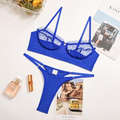 China High Lace Mesh Eyelash Sexy Lingerie Set Plus Size Women's Blue Breathable Transparent Underwear for sale