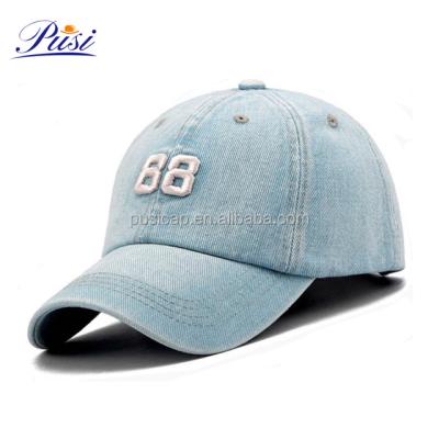 China COMMON Wholesale Light Blue Denim Hat 3D Embroidery Unstructured Dad Hat Custom for sale