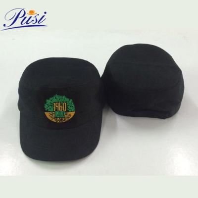 China Wholesale Good Quality COMMON Hat Black Cotton India Flat Top Army Military Hats With Embroidery Logo for sale