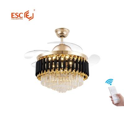 China Modern Decorative Crystal Luxury Retractable Fancy Ceiling Fan With Led Light With Outdoor for sale