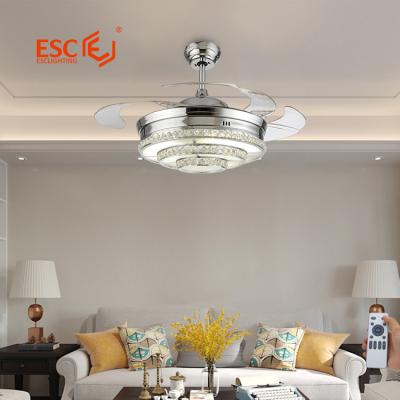 China Modern Decoration Crystal Shade Blade Chandelier Retractable Ceiling Fan With Light And Remote for sale