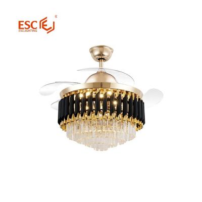 China 42 Inch Modern Luxury Crystal Fancy Gold Fan Ceiling Fan Remote Control Retractable Led Light for sale