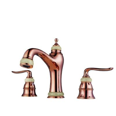 China Deck Type 3hole Metered Faucets Rose Gold Finish Double Handles Retro Design Sink Faucet for sale