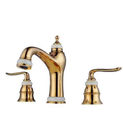 China Antique PVD-Gold 3 Piece Style Sink Basin Faucet Metered Deck Type Faucet Two Color Handles for sale