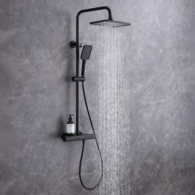 China Without Matte Black Wall Mounted Shower Thermostatic Bath Shower Set Sliding Bar Bathroom Mixer Rainfall Modern Shower Faucet for sale