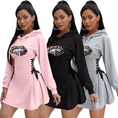 China Women anti-static leopard big mouth printed hoodie streetwear mini dress casual chic V neckline for sale