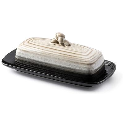 China Eco Friendly Vintage Style Porcelain Butter Dish Black Rectangle Ceramic Butter Dish With Lid for sale