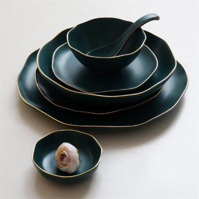 China Sustainable Elegant Design Dinnerware Irregular Shape Matte Green Ceramic Dinner Set With Gold Rim for sale