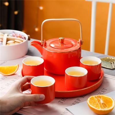 China Viable Wholesale Luxury Wood Rim Green Wood Gold Handle Teapot Ceramic Coffee Tea Set With Tray for sale