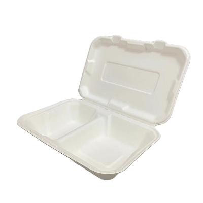 China Cheap Bagasse Cutlery Restaurant Catering 2 Compartment Biodegradable Flip Lid Paper Food Container Disposable Microwavable for sale