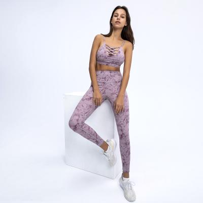 China New nude breathable sexy gathering bra shockproof pants dyed knotting yoga fitness suit for sale