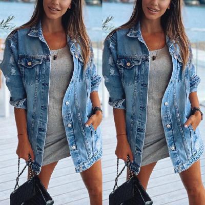 China QUICK DRY JK49 - 2021 fall new turn-down collar distressed fashion casual soft female button long denim coat women ripped coat for sale