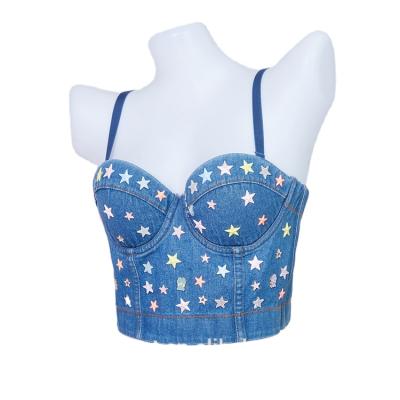 China NT1028 QUICK DRY - Painted Denim Blue Women's Jeans Pattern Full Stars Push Up Bra Women Clubwear Fashion Bustier Tracksuit Bra Corset for sale