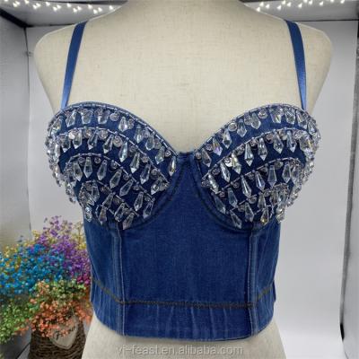 China NT1099 breathable - diamond denim bra dangle tops fashionable women blue denim tops shirt lady tops for sale