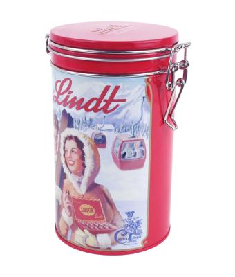 China With Metal Wire Clip Lock As Closure Hot Sale Customize Round 14oz Air Tight Valve Tea Tins Coffee Cans Chocolate Tin Box With Clip Lock for sale