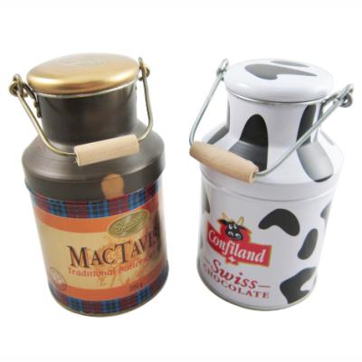 China Recycled Materials Manufacture Hot Selling Custom Candy Chocolate Milk Tin Can Box With Wooden Handle for sale