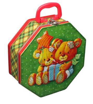 China Recycled Materials Craft Custom Octagonal Kids Tin Lunch Box With Handle Food Packing Metal Suitcase for sale