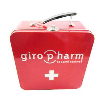 China Recycled Materials Factory Supply Square Pharmacy First Aid Chest Metal Lunch Canister Boxes With Handle for sale