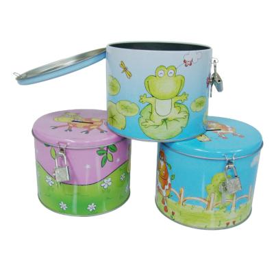 China Food Making Customize Picture Kid Proof Round Small Metal Chocolate Coin Bank Can Tin Box With Lock for sale