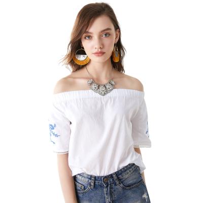 China New Fashion Woven Design Anti-pilling Loungewear Off The Shoulder Short Sleeve With One Shoulder Embroidery Women's Slim Shirt for sale