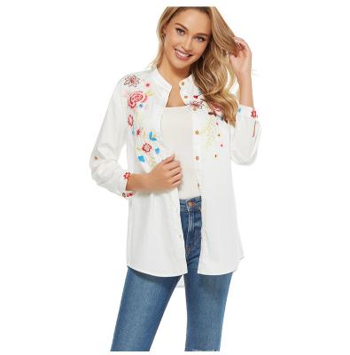 China 2021 autumn and winter large size thin upper round neck anti-pilling embroidered women's cardigan border temperament white shirt for sale