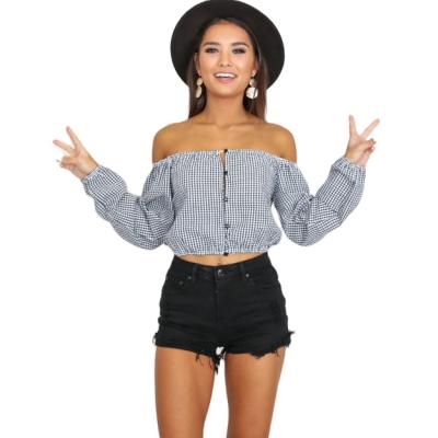 China Fashion Design Shirt Women's Quilted Plaid Off Shoulder Long Sleeve Casual Short Waist Shirt QUICK DRY Shirt for sale