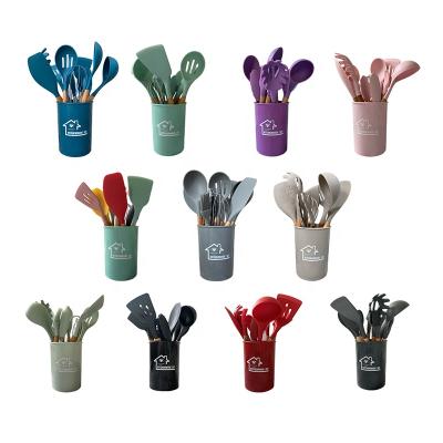 China Viable Kitchen Utensils Set 12 Pcs Amazon Silicone Spatula Kitchenware Set Hot Selling Wooden Handle for sale