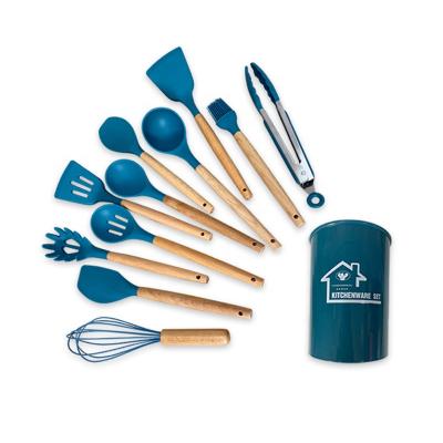 China Sustainable Cookware Set 12 Pcs Silicone Spoon Shovel Colander Wooden Handle Non-Stick Kitchen Tools for sale