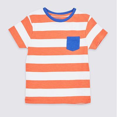 China Pocket And Neckline Anti-Shrinkage Contrast Pure Cotton Striped Short Sleeve Boys Top for sale