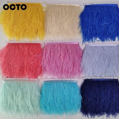 China Ostrich Feather White Feathers Tied Lace Fabric Trimming On Satin Ribbon 10-15CM Ostrich Feather Trim Fluffy Fringe Clothing for sale