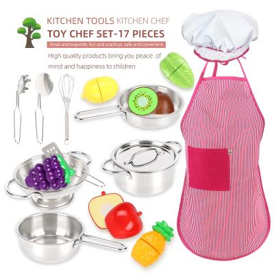 China Play Food Kid Pretend Play Stainless Steel Cookware Cutting Fruit Vegetable Food Kitchen Cooking Toy Set For Girl Boy Kid Child Baby Toddler for sale