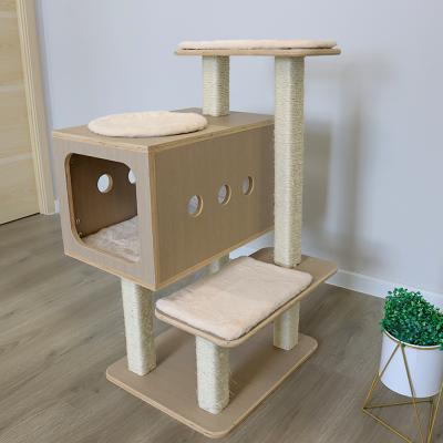 China Large Cat Sisal Pet Furniture Nature Cat Treehouse Wooden Tower Climbing Frame Luxury Modern Components Scratcher for sale