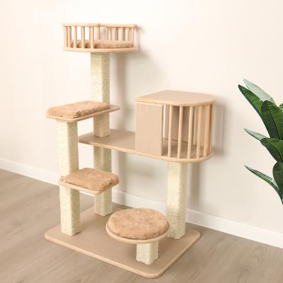 China Durable Explosive Safe Stable Household Large Wooden Frame Three-Layer Cat Scratching Post Cat Scratcher Tower With Cat Jumping Platform for sale