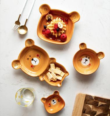 China Viable Bear Cartoon Animals Baby Kids Dinner Dish Bowl Cup Spoon Ceramic Fork Set Feeding Food Tableware Set for sale