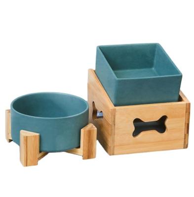 China Sustainable High Quality Ceramic Pet Bowls Colorful Pet Feeder For Dogs And Cat Bowl With Bamboo Stand And Shelf for sale