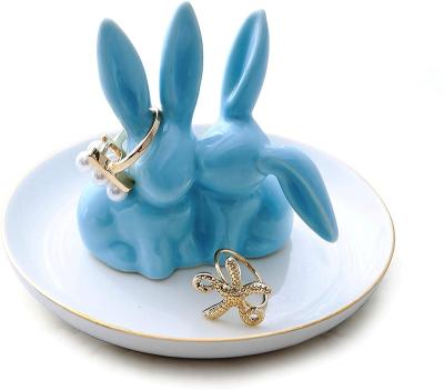 China Trinket Tray Organizer, Lovely Europe Bunny Ring Holder Jewelry Tower Ceramic Dish Trinket Display Rabbit for sale