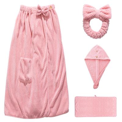 China New Style 4 Pcs Child Safe Strong Water Absorption Coral Fleecebath Skirt Headband Drying Bath Towel Set for sale