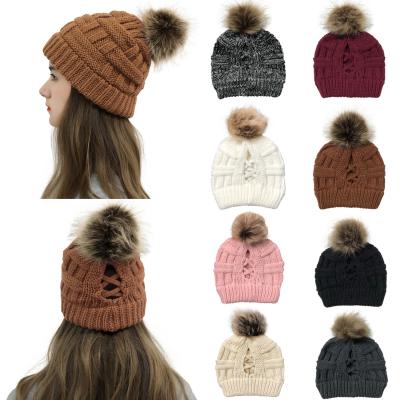 China COMMON High Quality Winter Knit Ponytail Hat Women Fashion Warm Hats Caps For Women Hats for sale