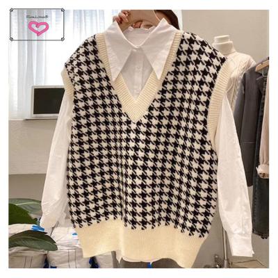 China Fashion V Neck Sweater Vest Checkboard Breathable Modern Jacquard Knitted Vest Tops Flunlona for sale