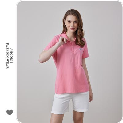 China Breathable Ahodoris Fashion 100% Cotton Knitted Pink Button Sports Polo Shirts Customized Logo T-Shirt For Women for sale