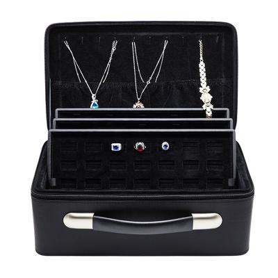 China Three Plate Jewelry Travel Case Black PU Leather Customized Customize Jewelry Box Pendant Jewelry Box Leather Travel Case for sale